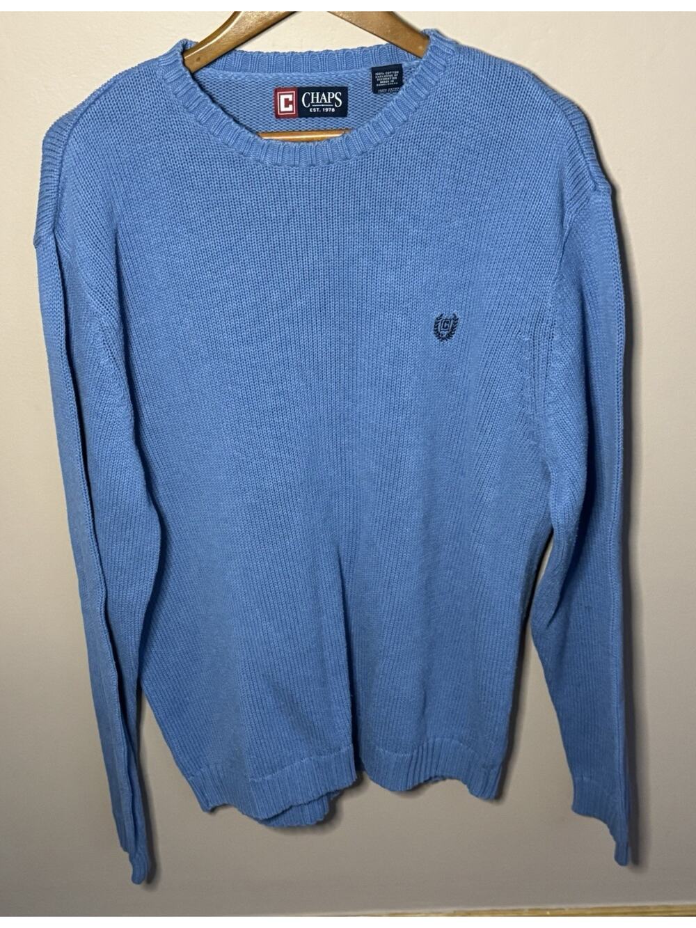 Chaps Sweater Men XL Crewneck Pullover Embroidery Logo Blue 100% Cotton